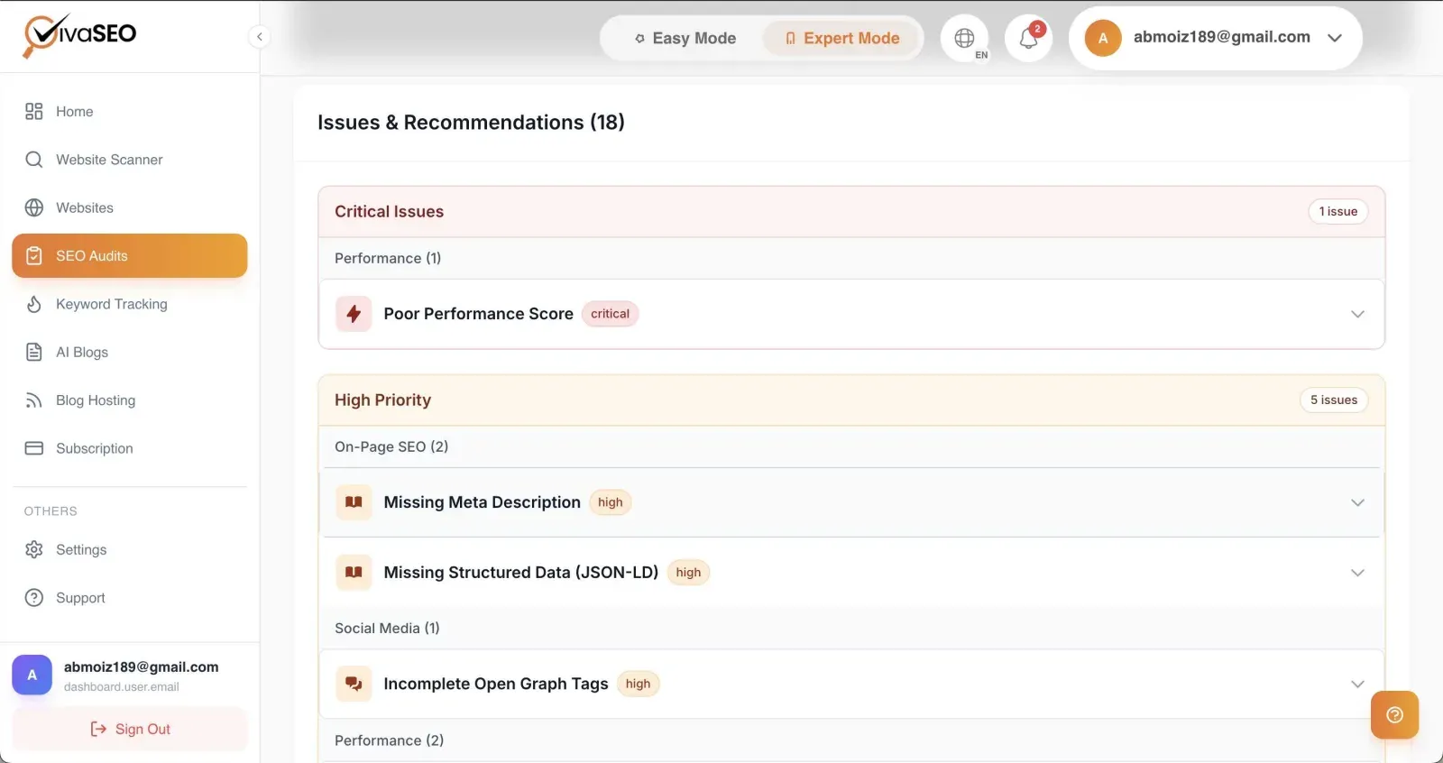 Viva SEO AI reporting screen