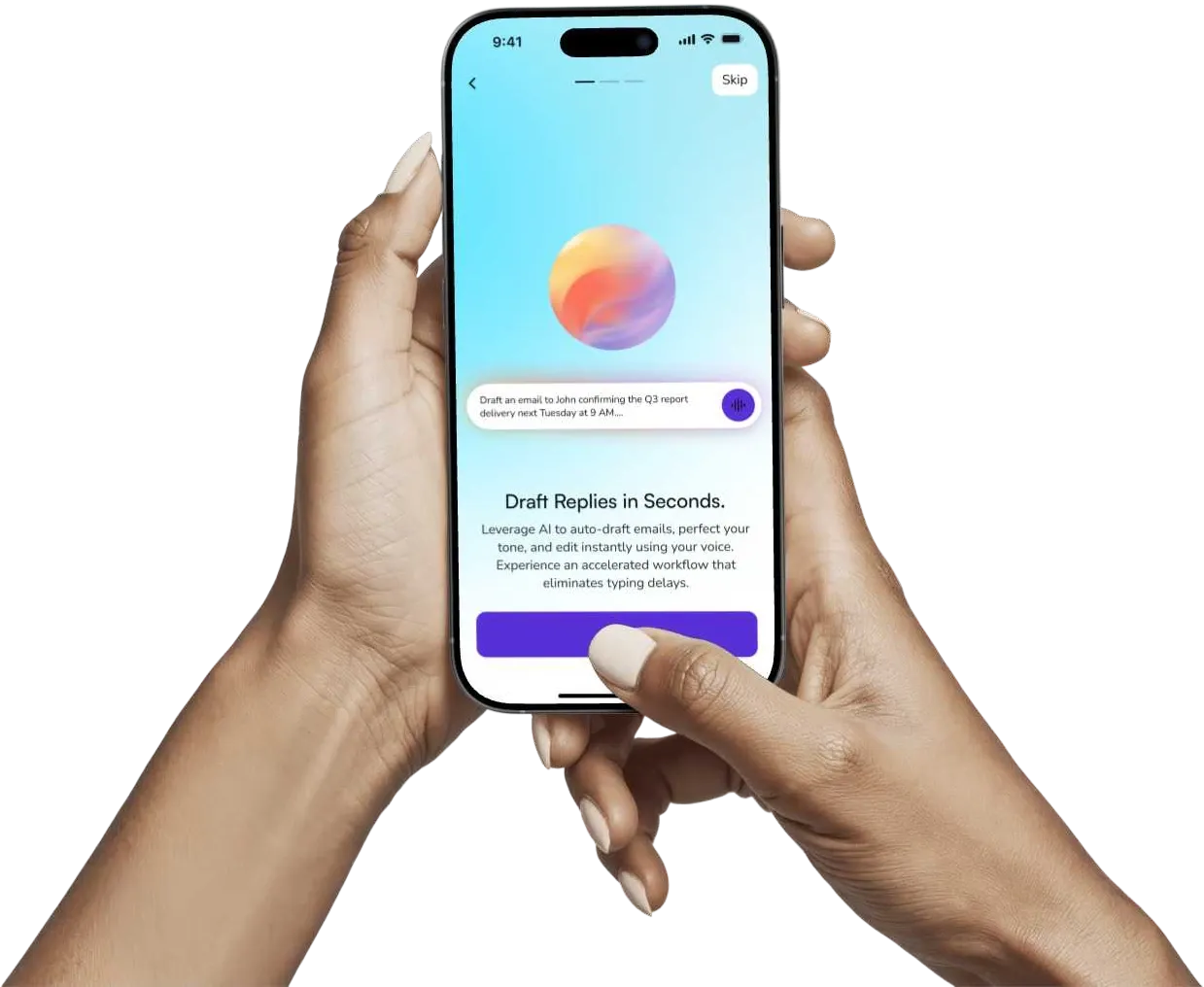 Airos AI voice assistant shown on a smartphone held in two hands