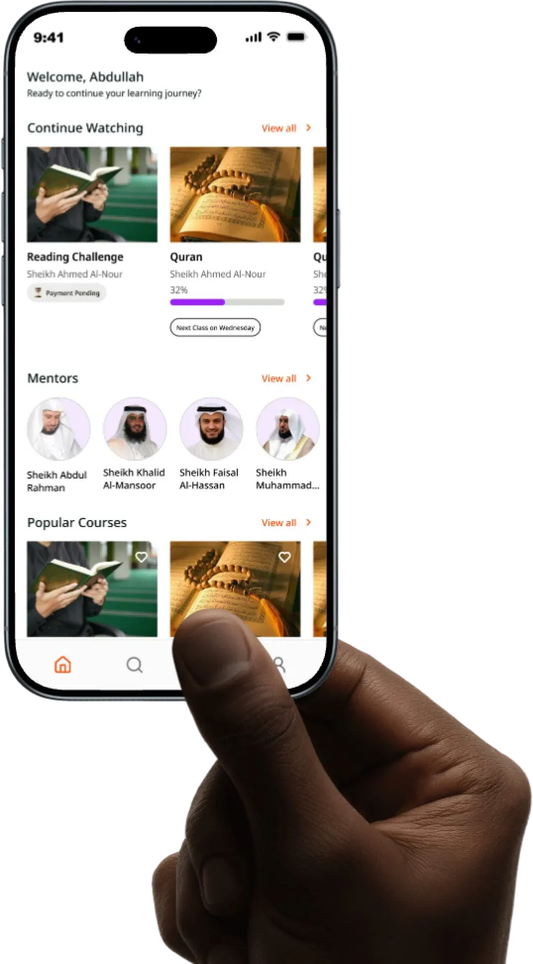 Al Ashaab Quran Academy student home screen held in one hand, showing continue watching, mentors, and popular courses