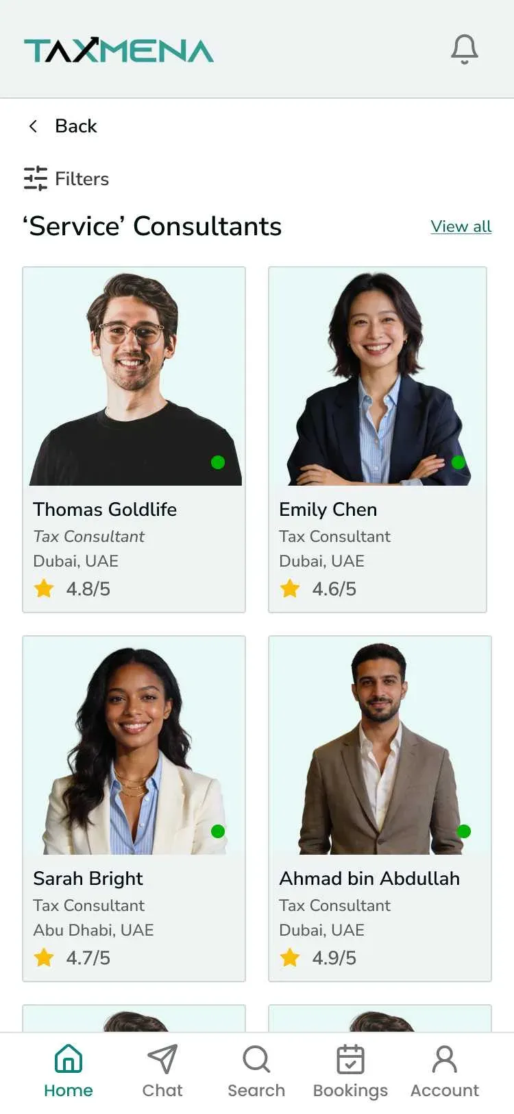 Taxmena Verified consultant marketplace screen