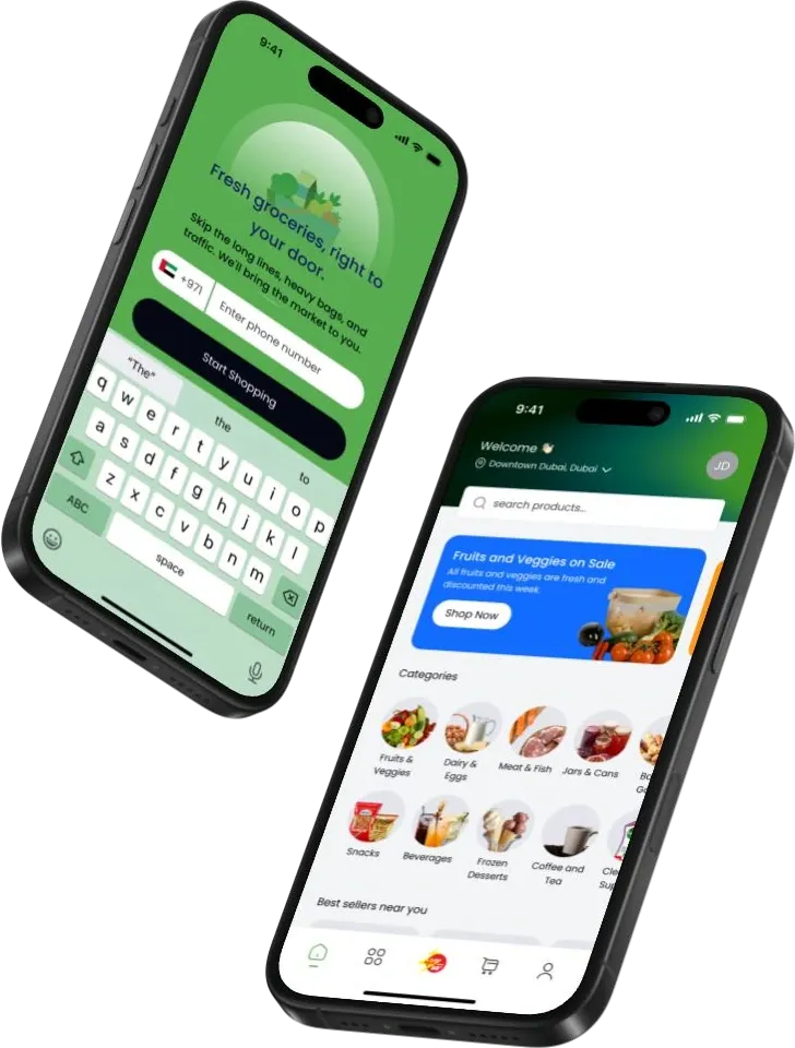 Freshline customer grocery app and onboarding screen shown on two smartphones