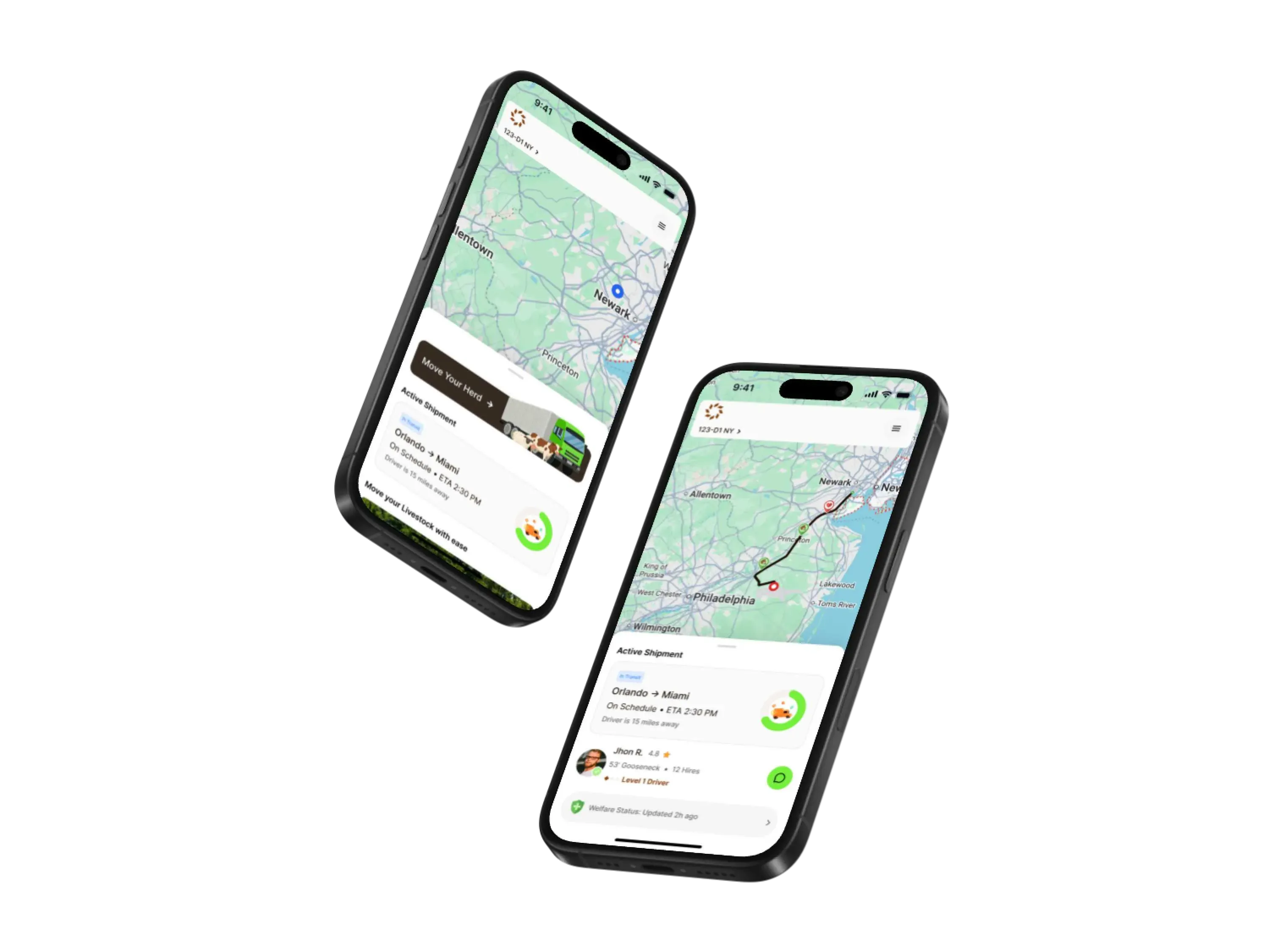Livestock Go shipper app showing live shipment tracking and driver details on two phones