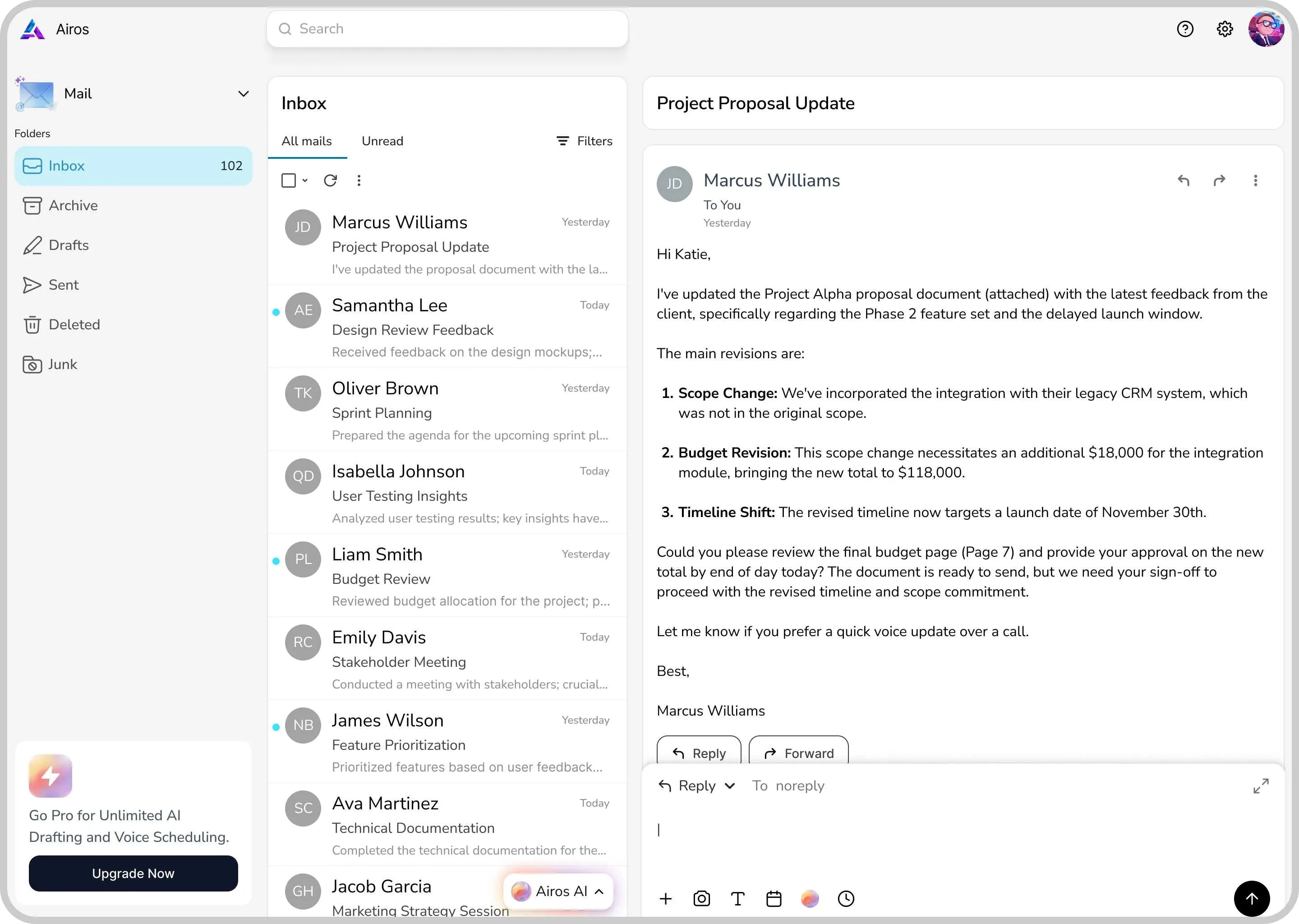 Airos AI Unified mail dashboard screen