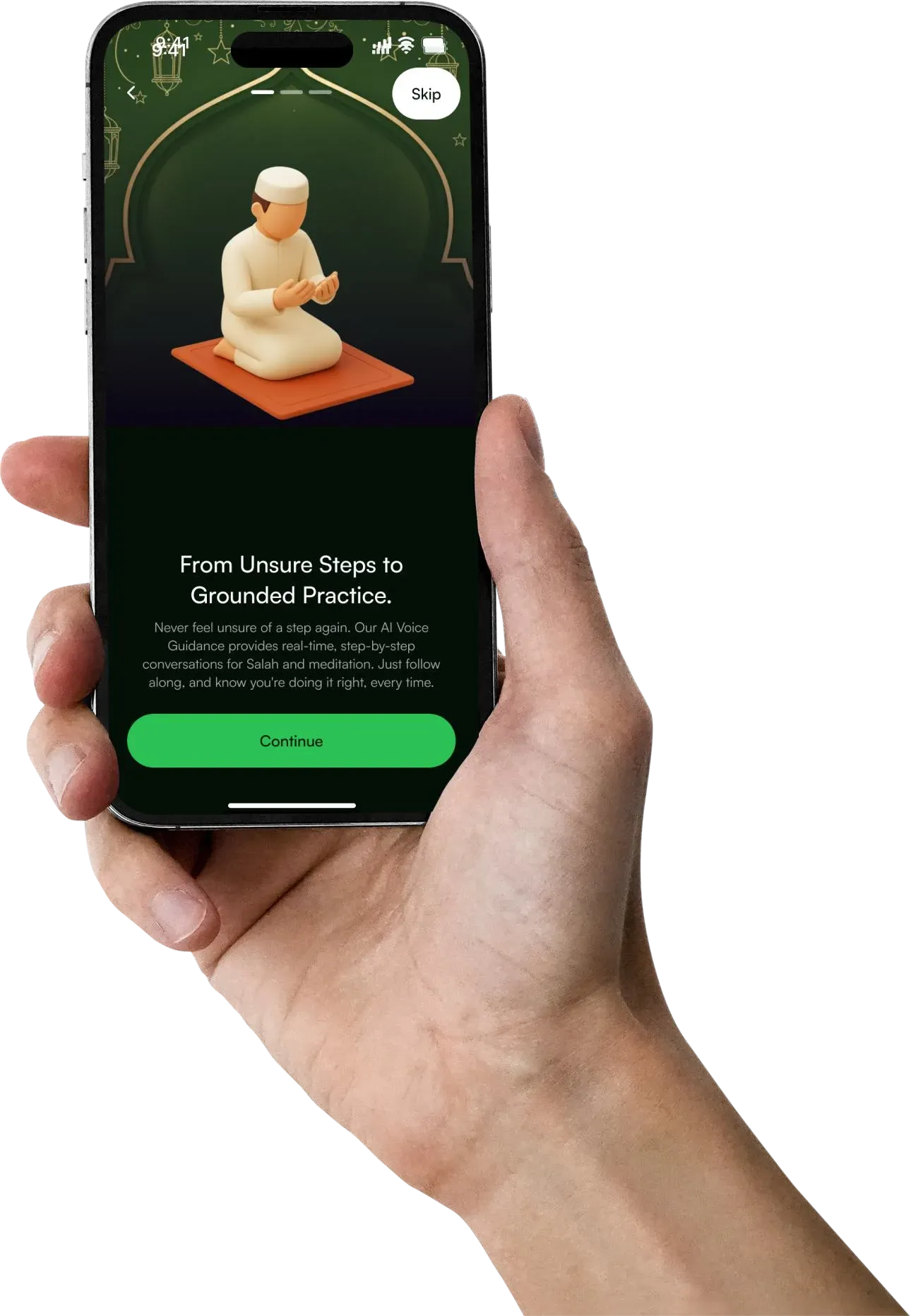 Qalb Calm onboarding screen held in one hand, introducing real-time AI voice guidance for Salah and meditation