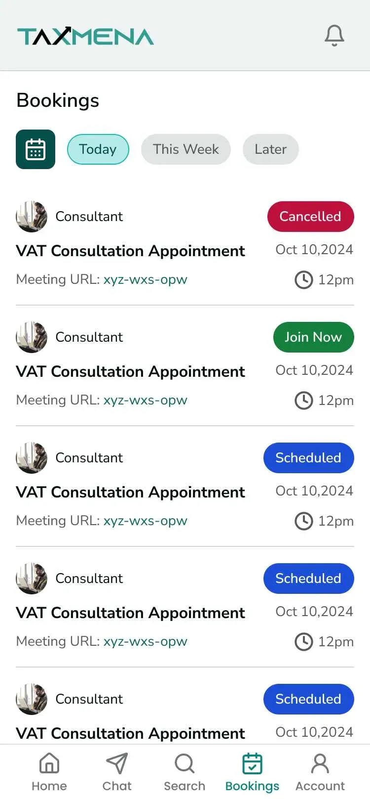 Taxmena Scheduling and video consultations screen
