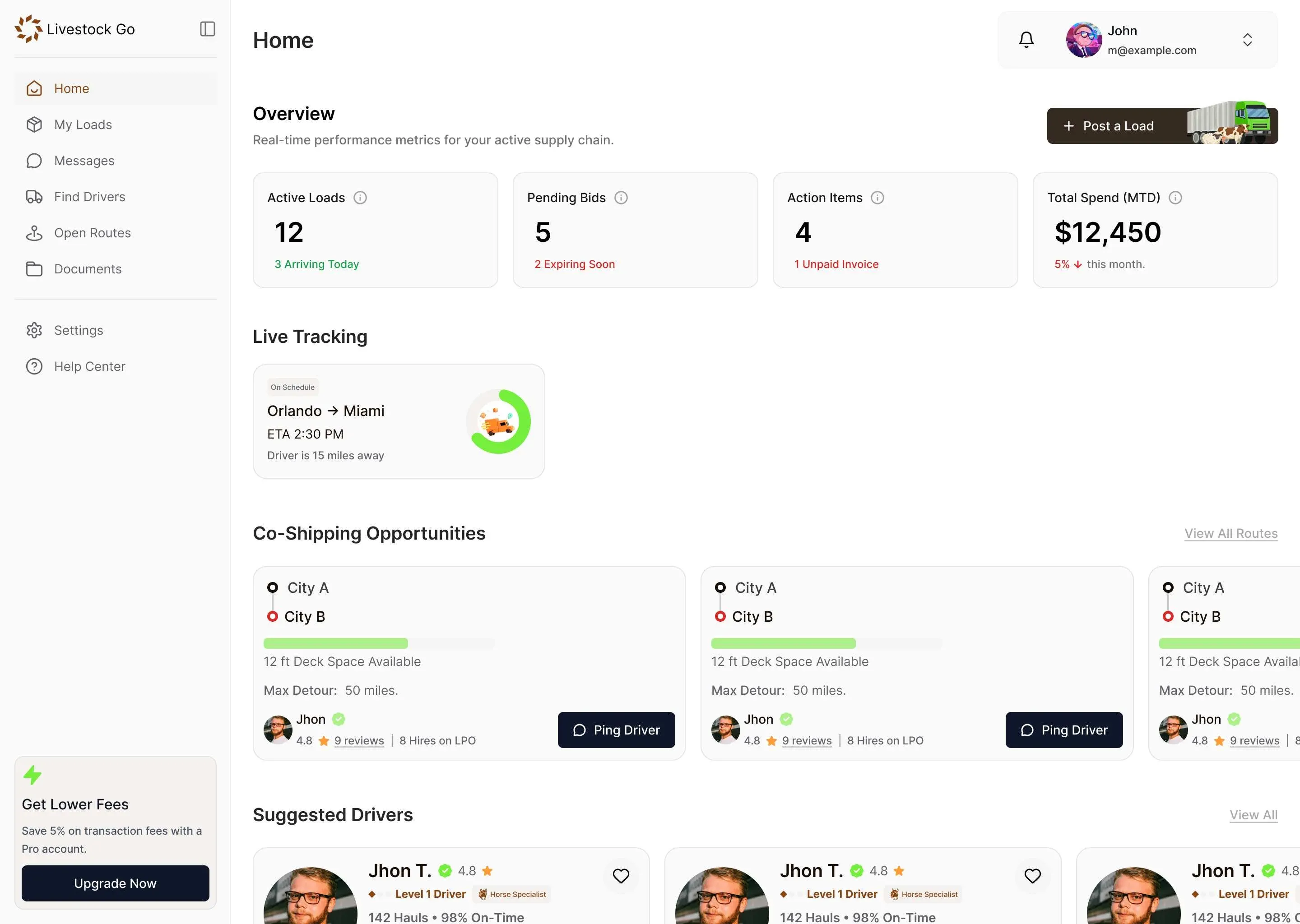 Livestock Go Shipper dashboard