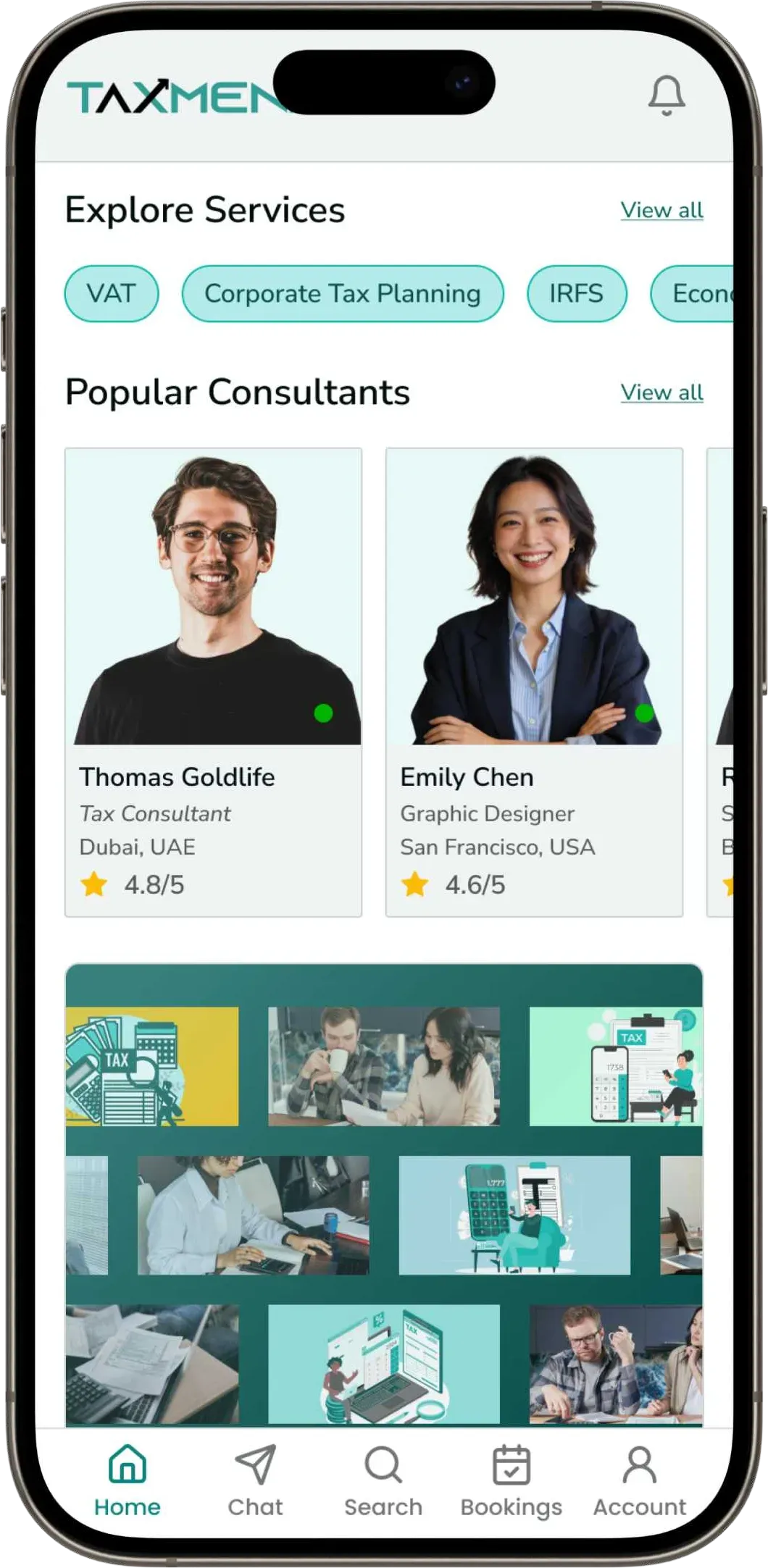 Taxmena consumer app home screen showing tax service categories and verified consultant profiles