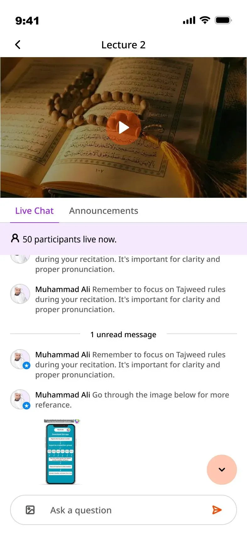 Al Ashaab Quran Academy Live teacher messenger screen