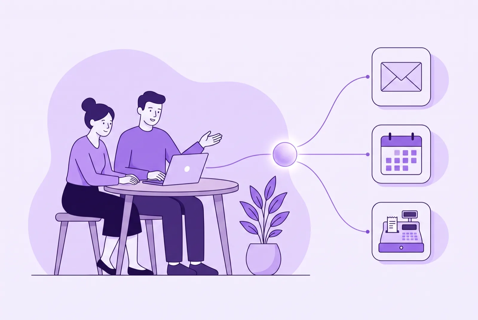 Illustration of a small business owner and a consultant reviewing a working AI system on a laptop, connected to the shop's inbox, calendar, and point of sale