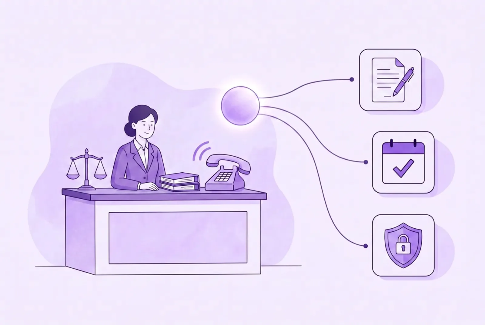 Illustration of an AI receptionist answering a law firm's phone, collecting intake details and booking a consultation while a confidentiality shield covers the call data