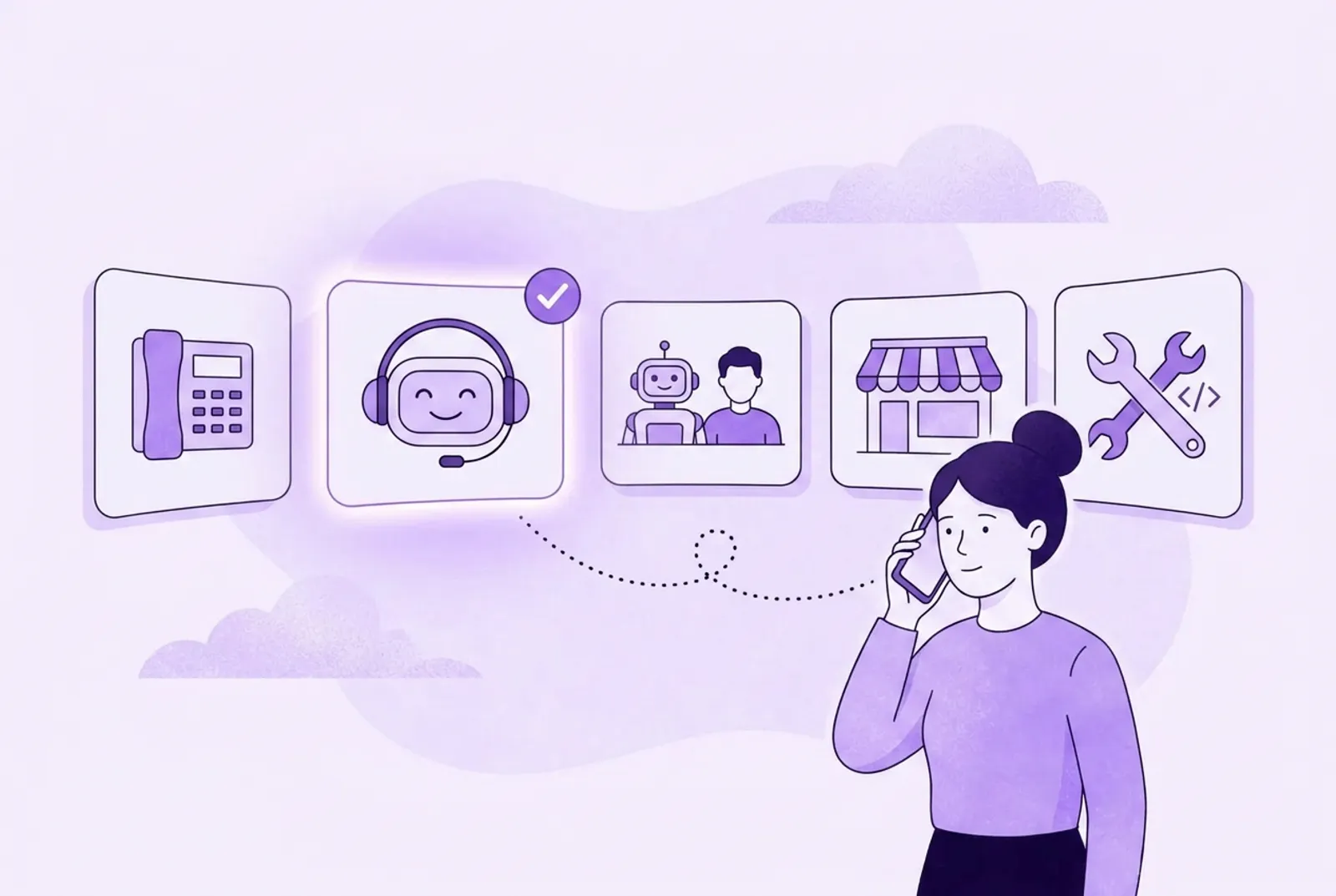 Illustration of a small business owner comparing five AI receptionist options shown as panels, with one highlighted after testing them on a phone